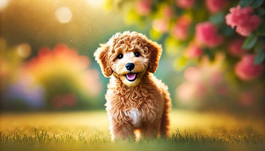A cute mini Goldendoodle puppy with curly fur standing in a garden, smiling with its tongue out, surrounded by colorful flowers and greenery.