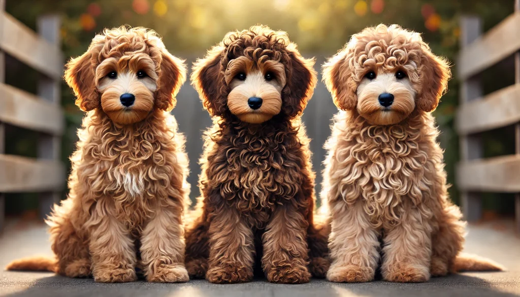 Three adorable mini Goldendoodle puppies with fluffy, curly fur sitting side by side, looking straight ahead in a warm, sunlit setting.