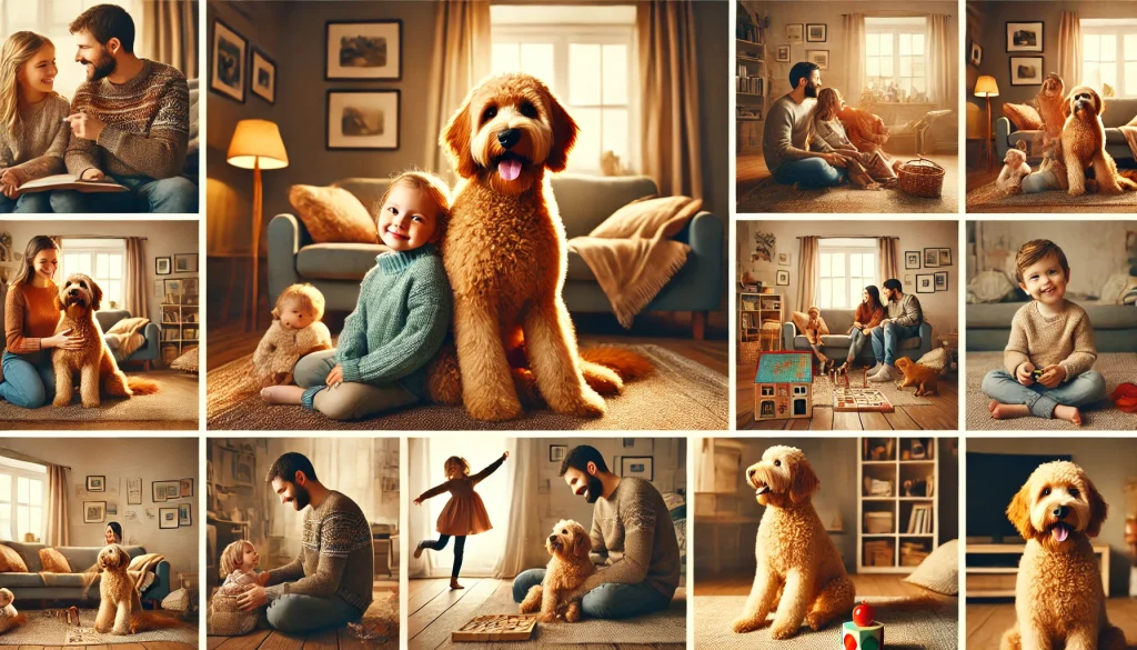 A collage of heartwarming moments with a family and their dog in a cozy living room. The images show a father and daughter, a young child with a dog, and various family activities with their pet.