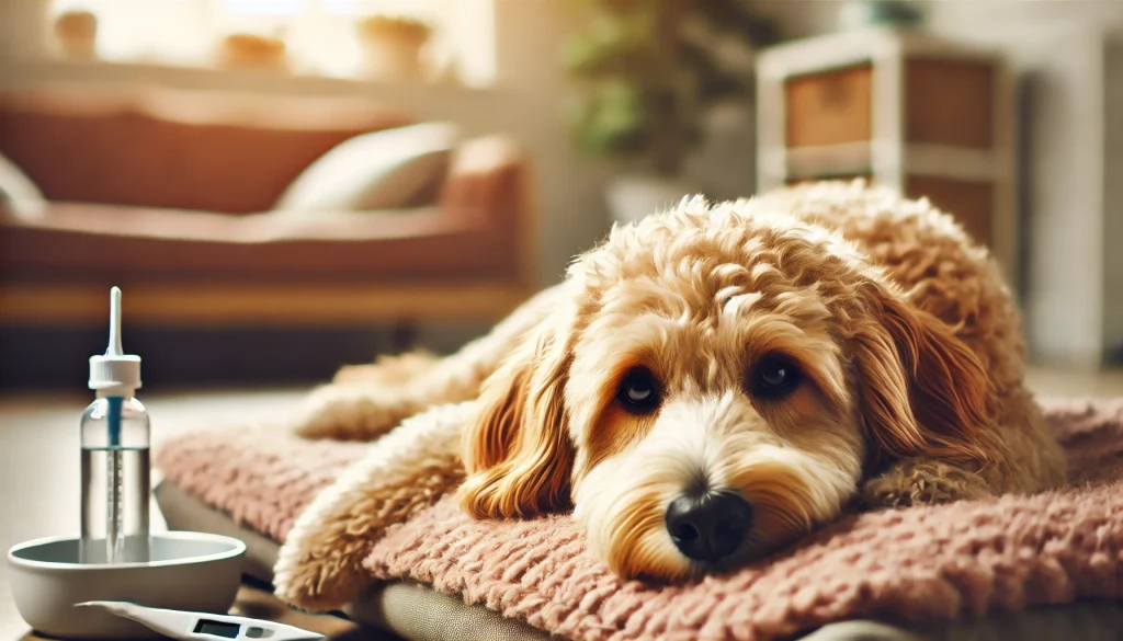 A sick mini Goldendoodle puppy lying on a soft bed with a water bottle and thermometer placed beside it, looking tired and a little under the weather in a cozy room.
