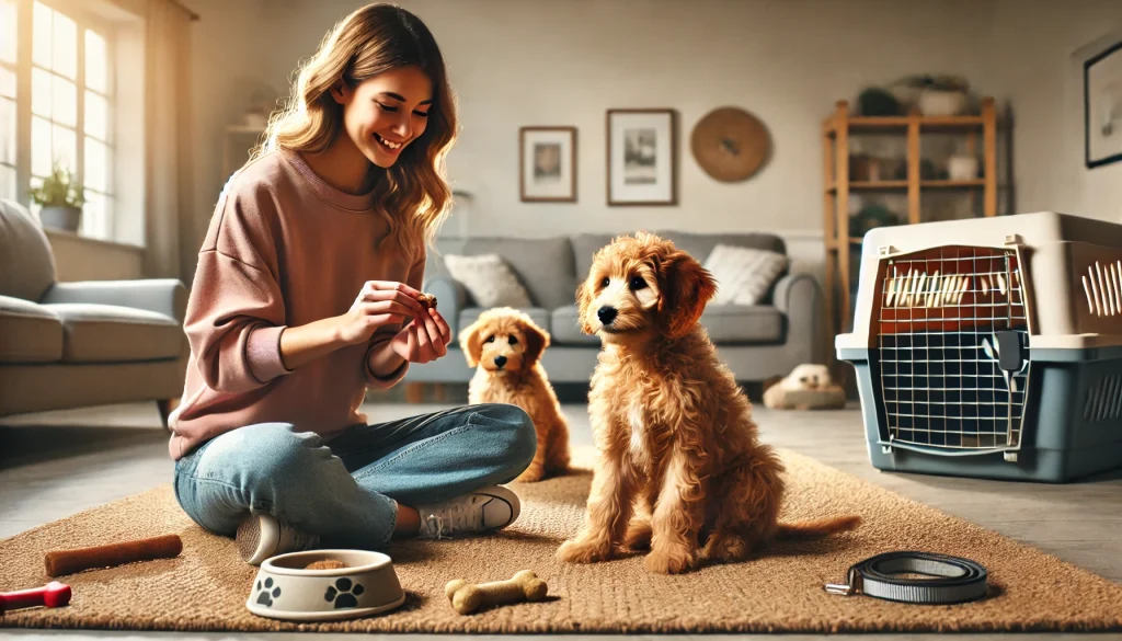 A woman training two mini Goldendoodle puppies inside a cozy living room. One puppy is sitting and looking at the woman with a treat in her hand, and a crate and leash are visible nearby.