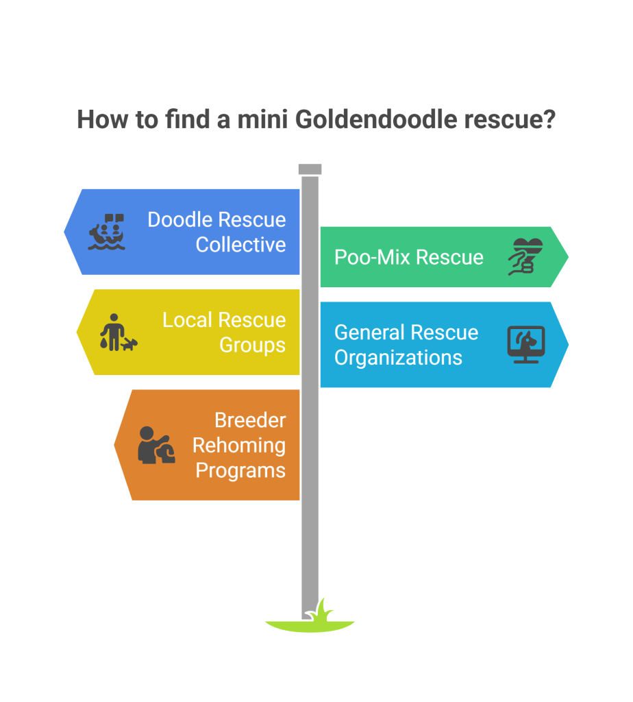 A graphic showing four options for finding a mini Goldendoodle rescue: Doodle Rescue Collective, Poo-Mix Rescue, Local Rescue Groups, and Breeder Rehoming Programs, with arrows pointing to each.