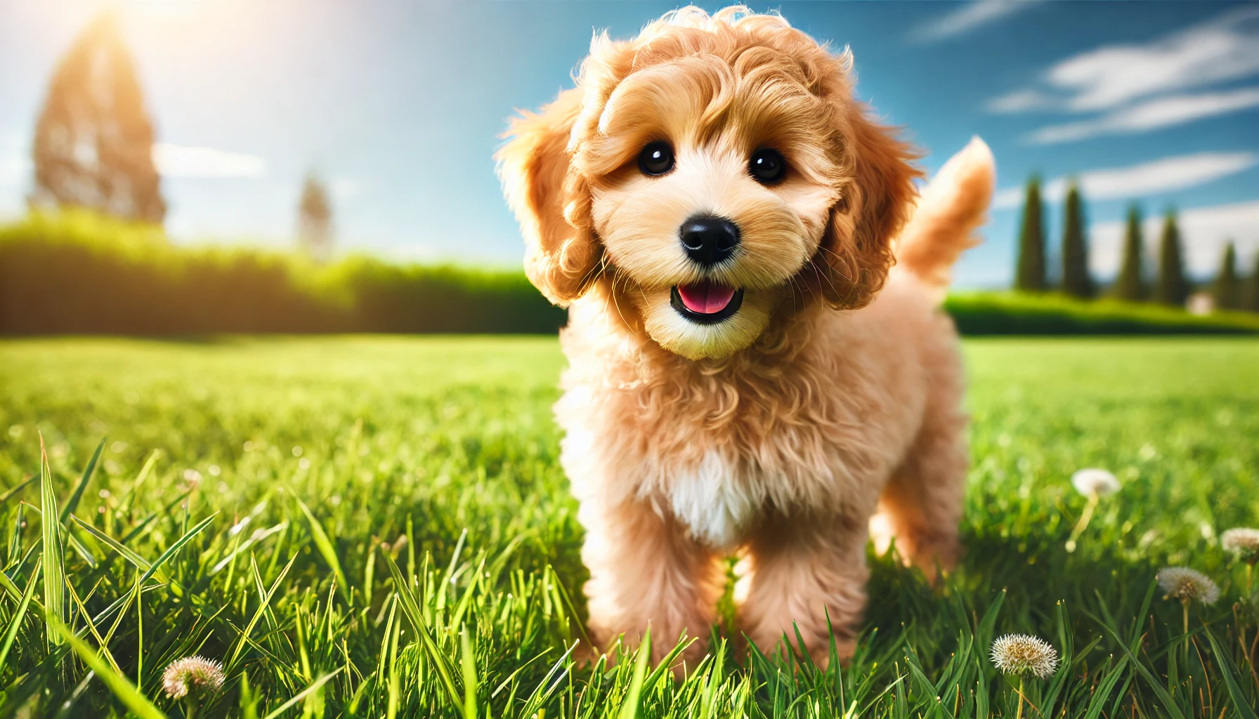 "A Mini Goldendoodle dog playfully running through a meadow filled with colorful wildflowers. The dog has a fluffy, light golden coat and curly fur. Its tail is wagging, and it has a joyful expression as it leaps through the field, with its ears flapping in the breeze. The background features a clear sky with soft clouds and vibrant green grass scattered with blooming flowers in shades of purple, yellow, and white, creating a cheerful and lively atmosphere.